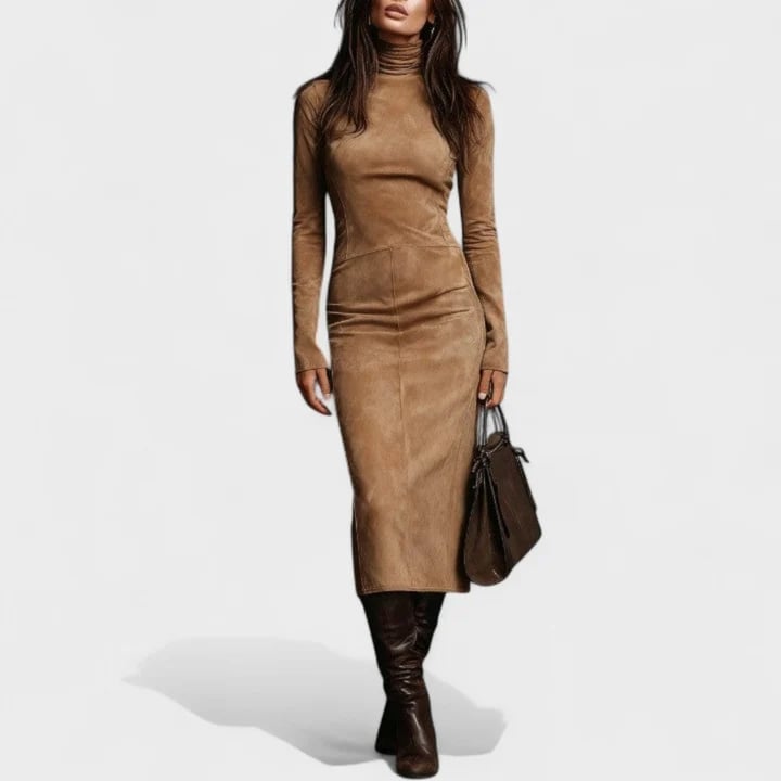 Brown Suede Turtleneck Midi Dress In Monochromatic Style, Fitted Brown Suede Turtleneck Midi Dress In Monochromatic Style, Fitted — Classy Suede Dress