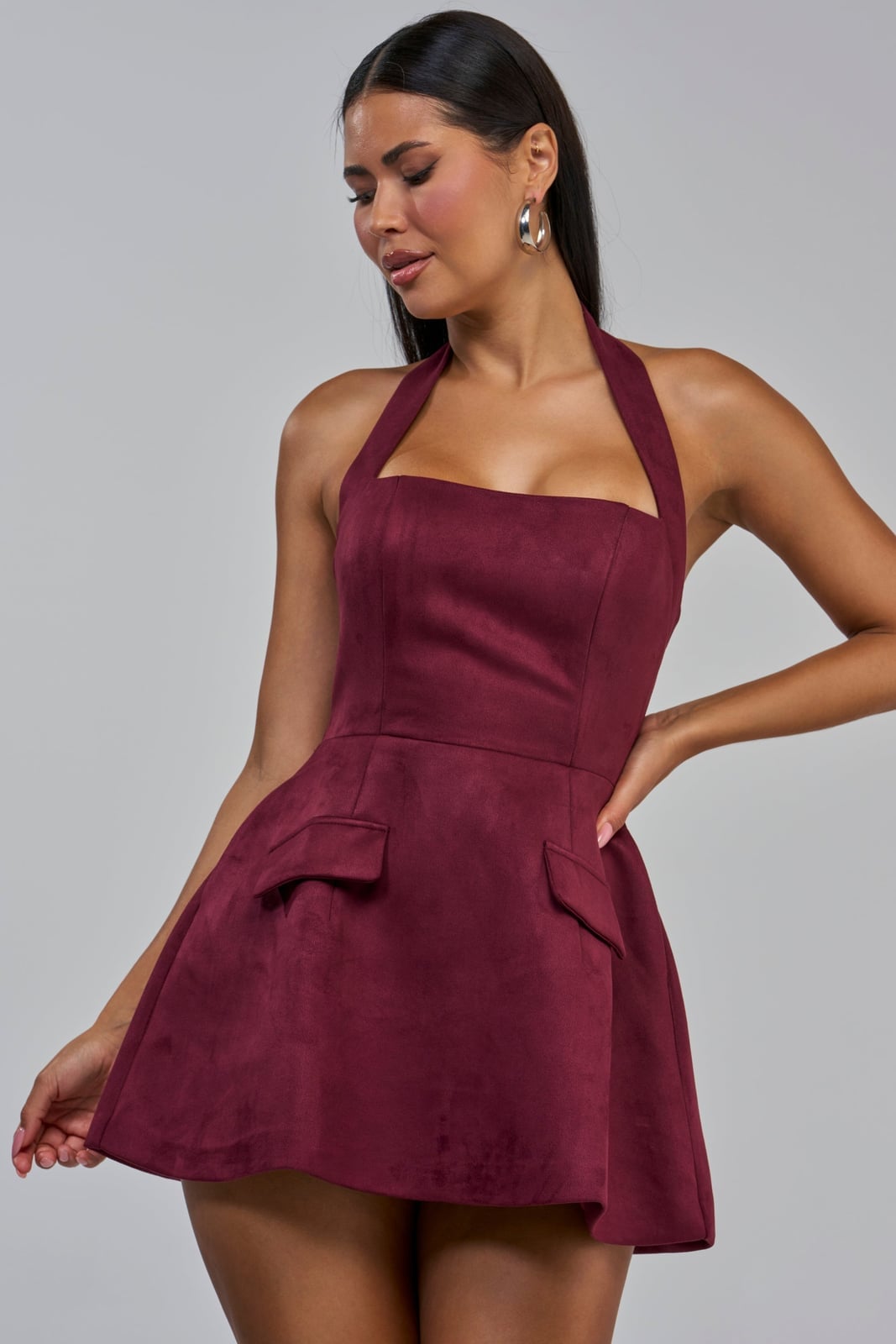 Burgundy Suede Halter Dress With Flared Skirt Burgundy Suede Halter Dress With Flared Skirt — Classy Suede Dress