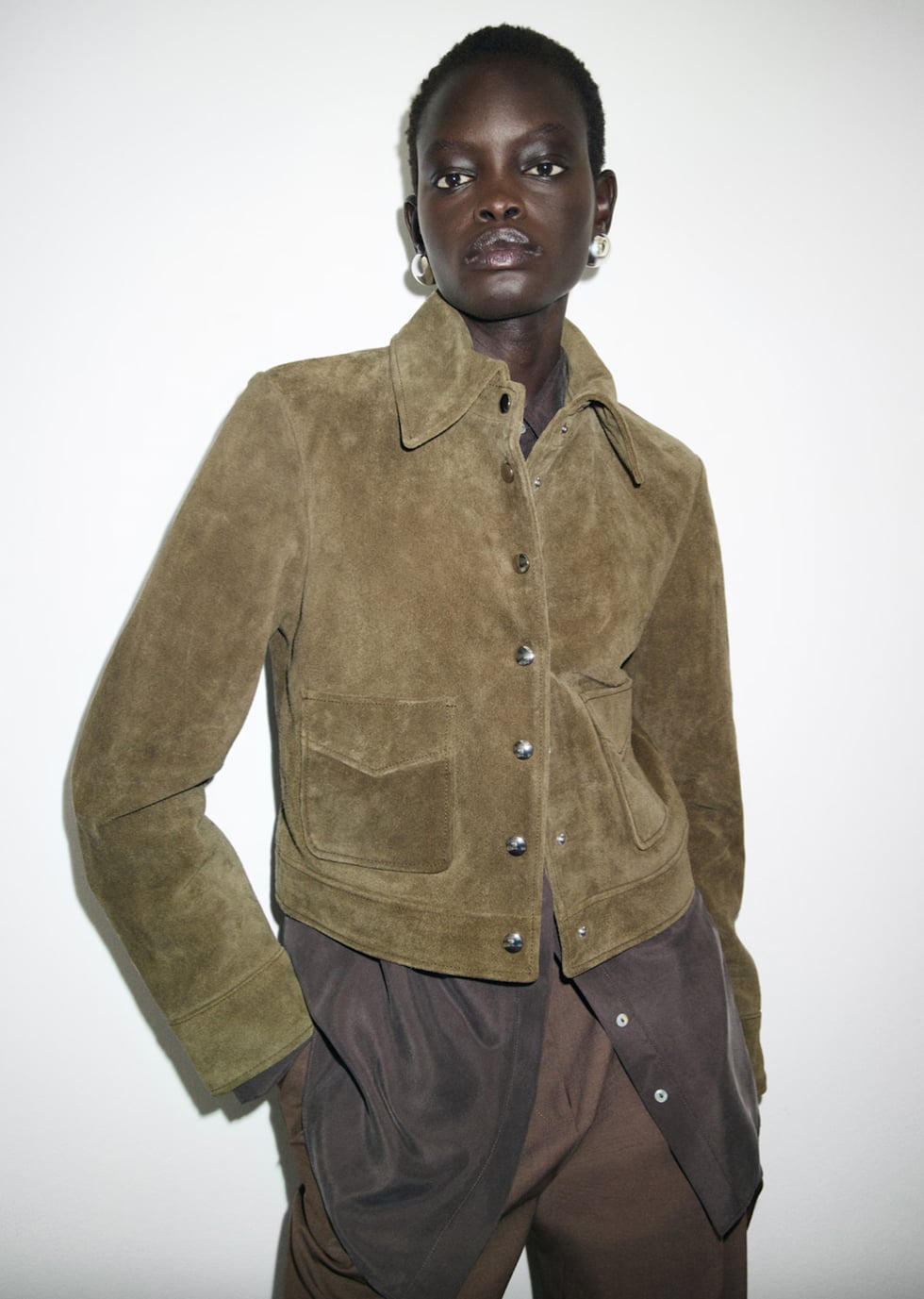 Olive Green Suede Jacket with Silver Buttons — Classy Suede Jacket Outfits