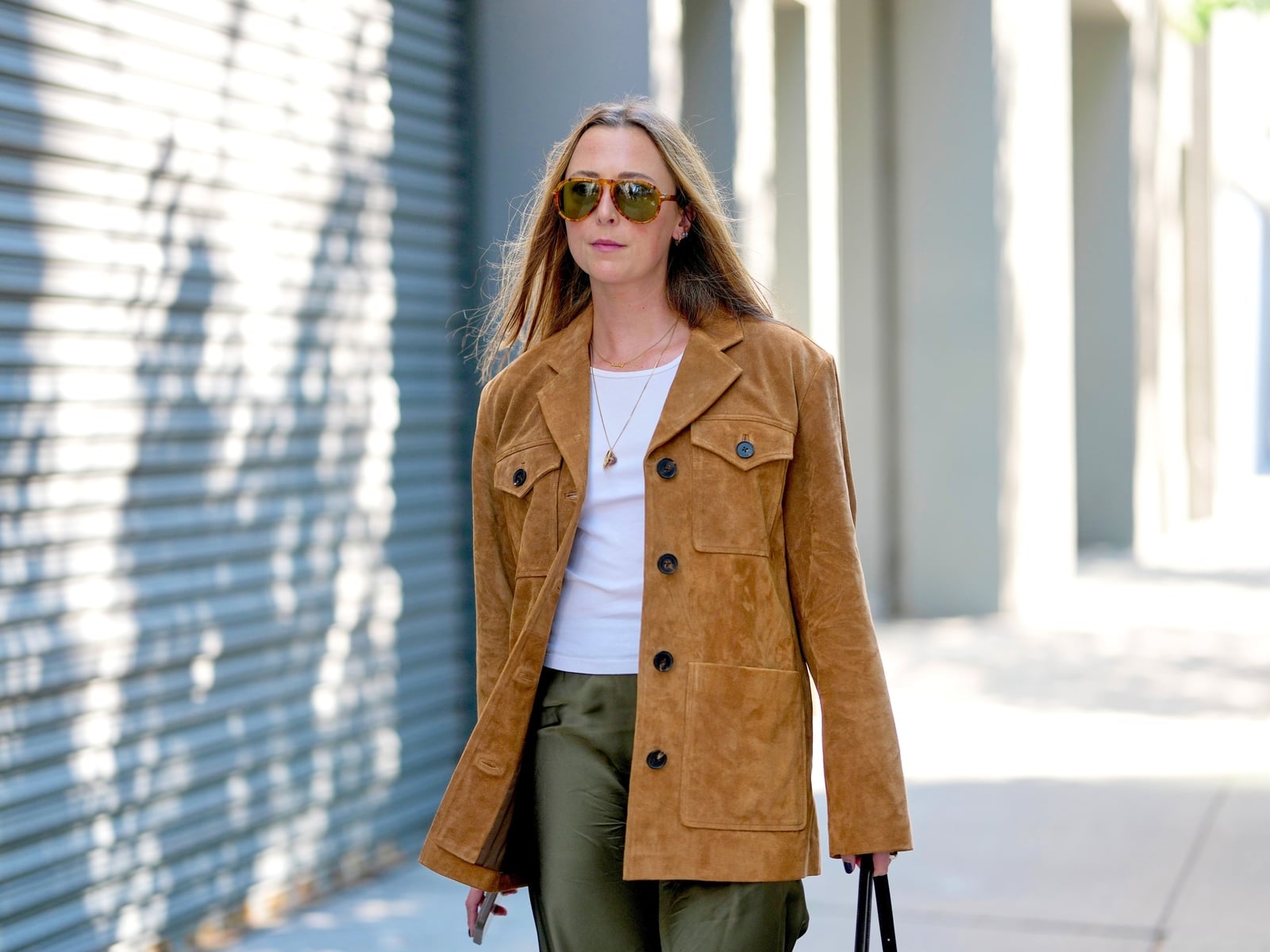 Casual Brown Suede Jacket with White Tee and Olive Trousers — Classy Suede Jacket Outfits