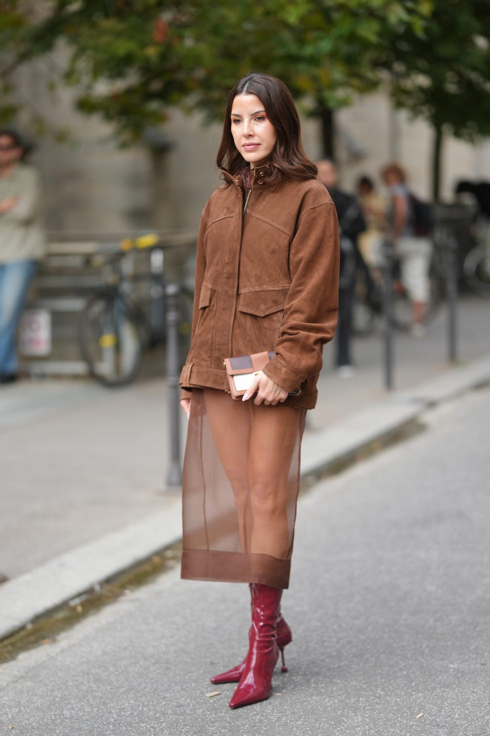 Brown Suede Jacket with Sheer Midi Skirt and Red Boots — Classy Suede Jacket Outfits