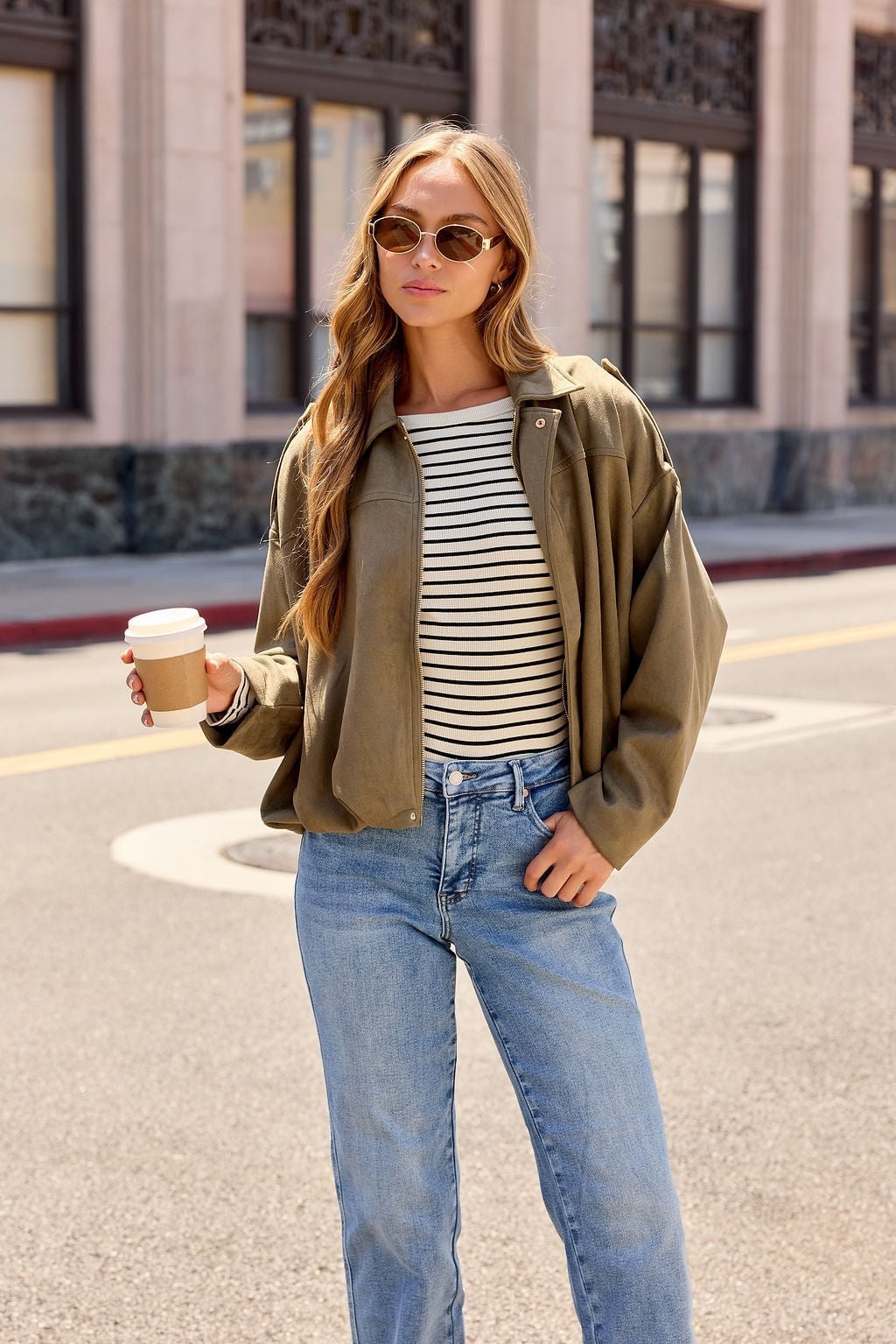 Olive Suede Jacket with Striped Top and Straight Leg Jeans — Classy Suede Jacket Outfits
