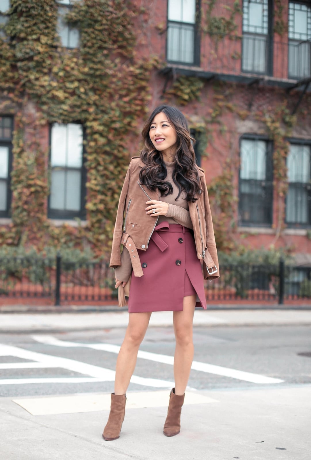 Brown Suede Moto Jacket with Asymmetrical Skirt — Classy Suede Jacket Outfits