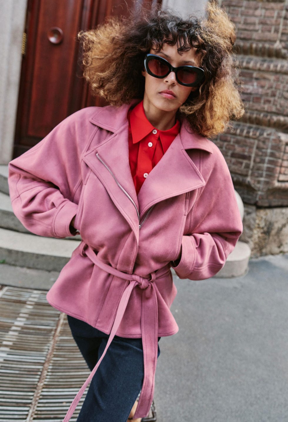 Pink Belted Suede Jacket with Red Collared Shirt — Classy Suede Jacket Outfits