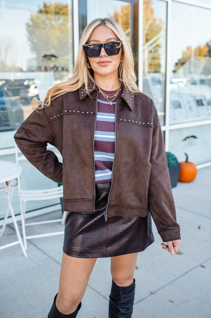Studded Dark Brown Suede Jacket with Mini Skirt — Classy Suede Jacket Outfits