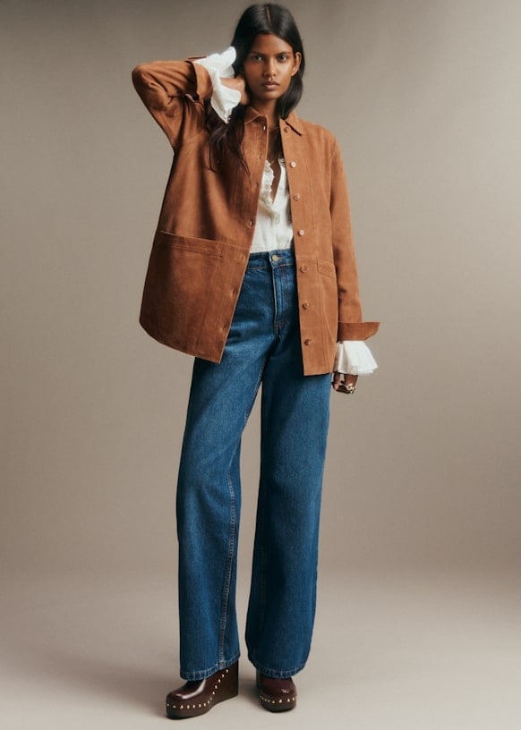 Camel Suede Jacket with Ruffled Blouse and Wide Leg Jeans — Classy Suede Jacket Outfits
