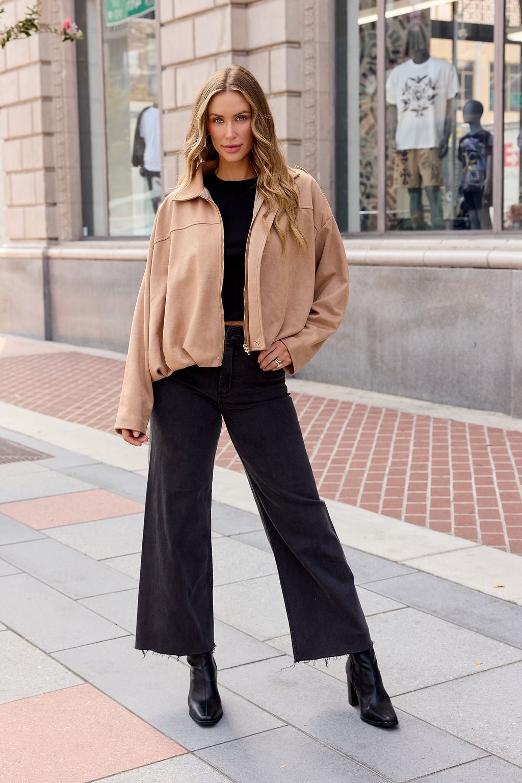 Beige Cropped Bomber Jacket with Black Crop Top — Classy Suede Jacket Outfits