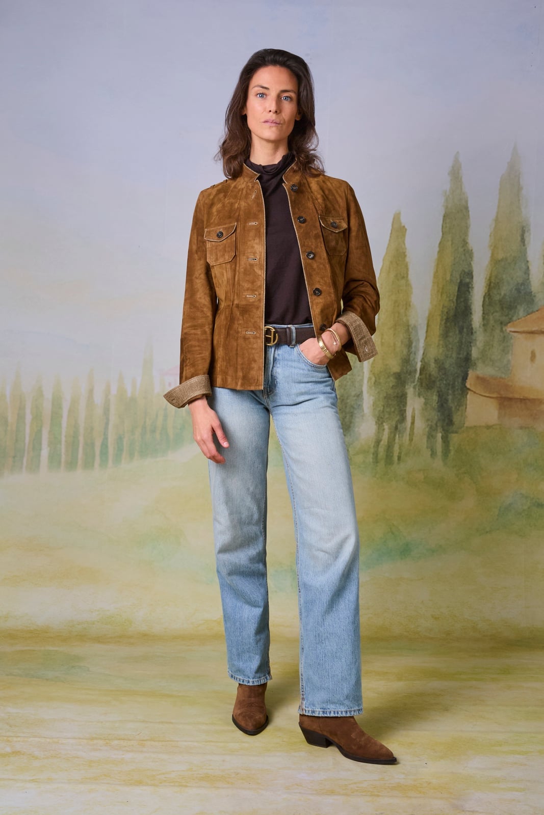 Fitted Brown Suede Jacket with Turtleneck and Jeans — Classy Suede Jacket Outfits