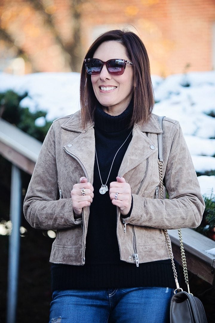 Taupe Suede Moto Jacket with Black Turtleneck — Classy Suede Jacket Outfits