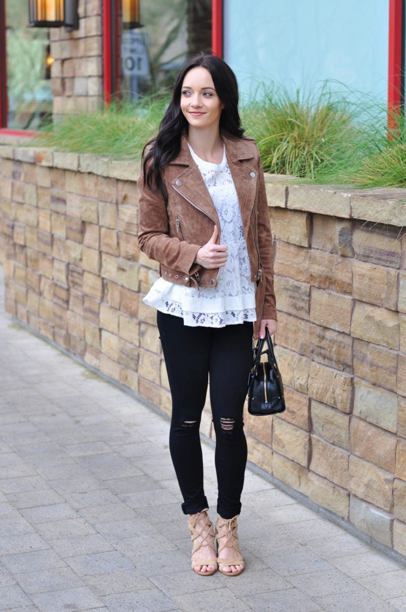 Brown Suede Moto Jacket with Lace Peplum Top — Classy Suede Jacket Outfits