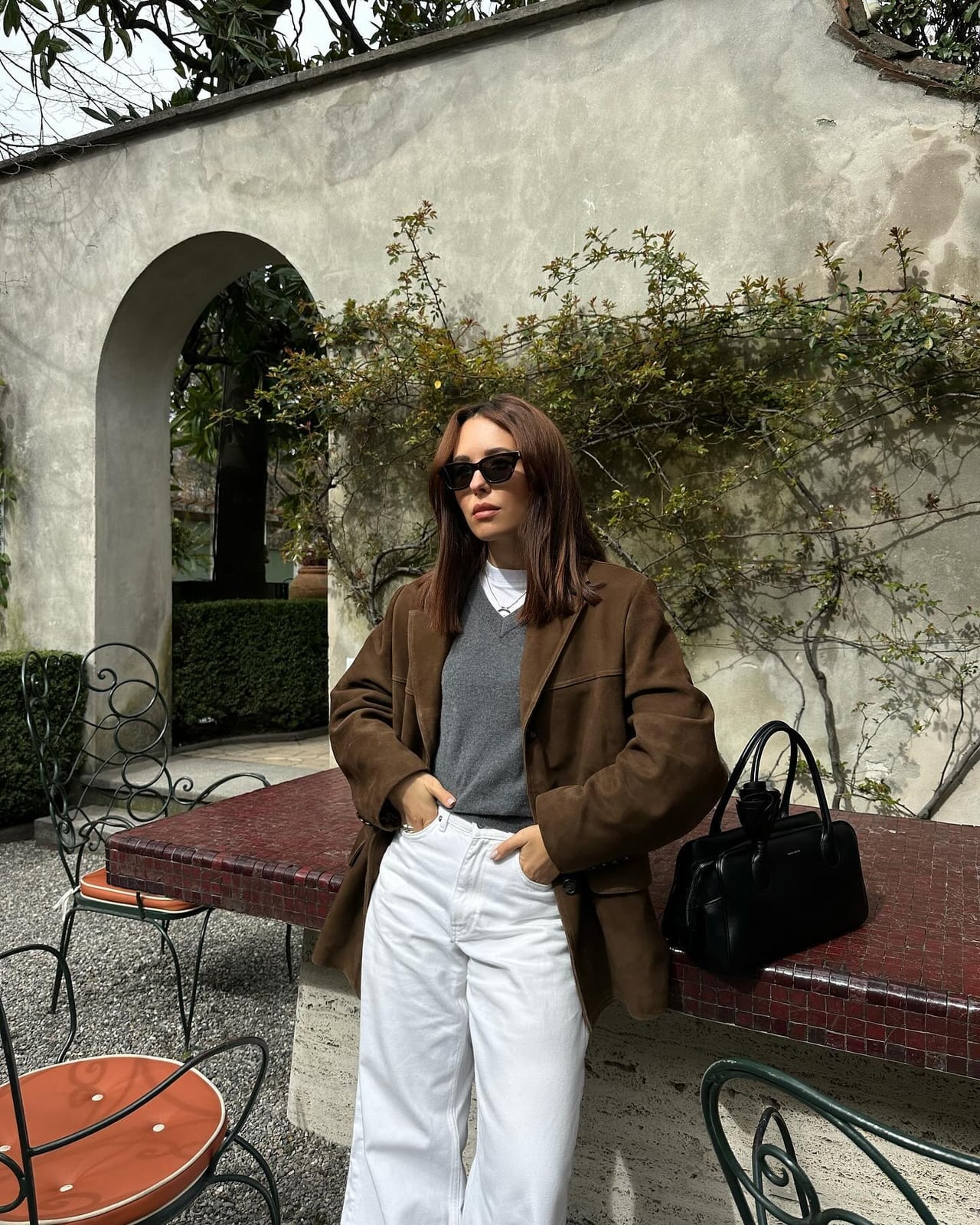 Chic Brown Suede Blazer with Gray Sweater and White Jeans — Classy Suede Jacket Outfits
