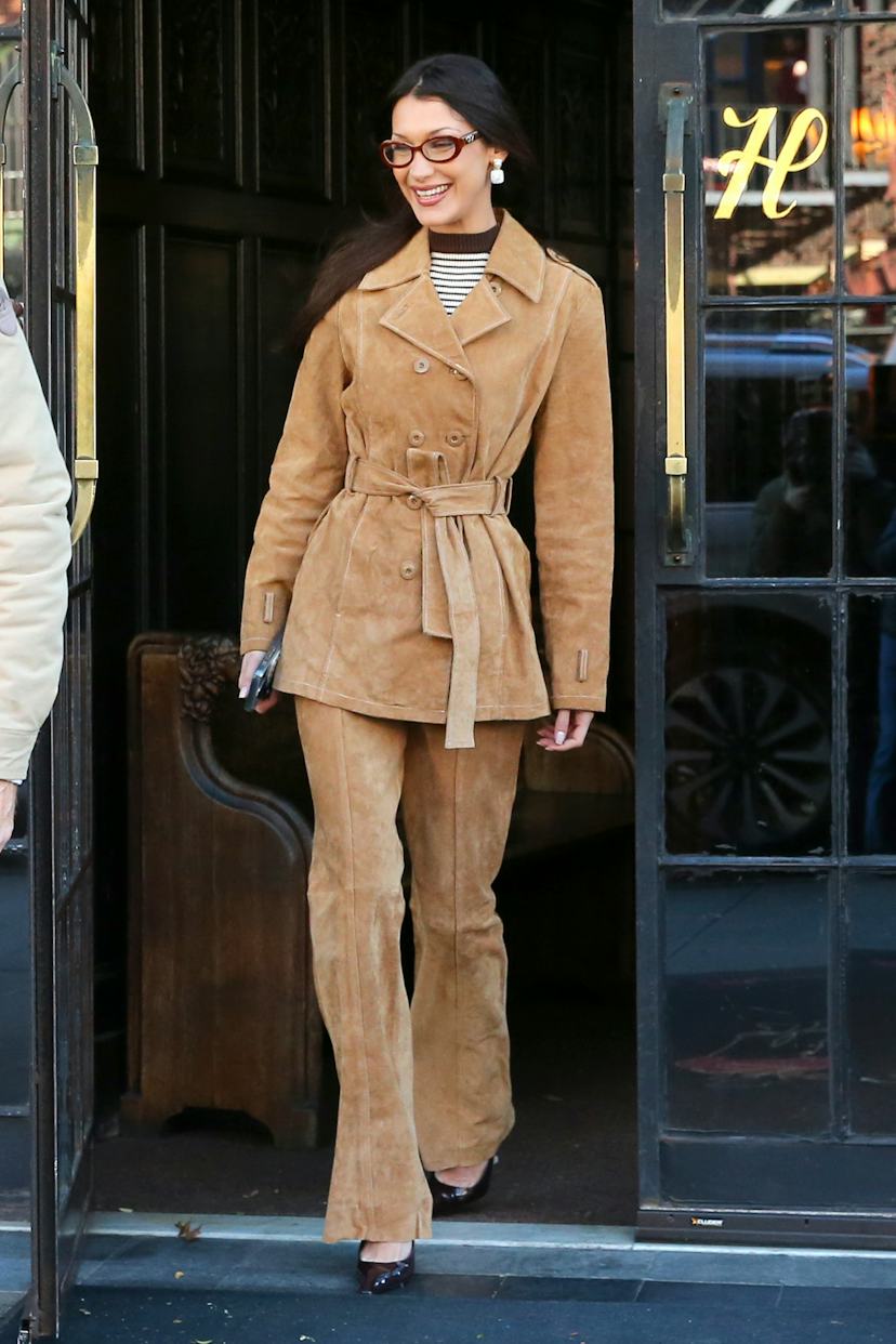 Tan Suede Belted Jacket and Matching Trousers Set — Classy Suede Jacket Outfits