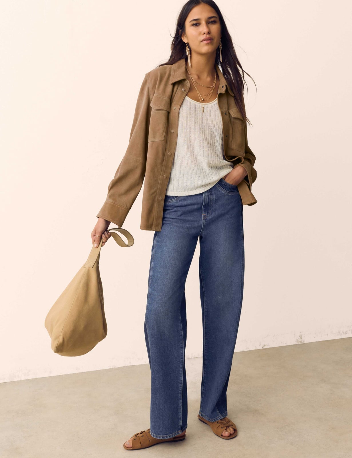 Brown Suede Shacket with Cream Knit and Blue Jeans — Classy Suede Jacket Outfits