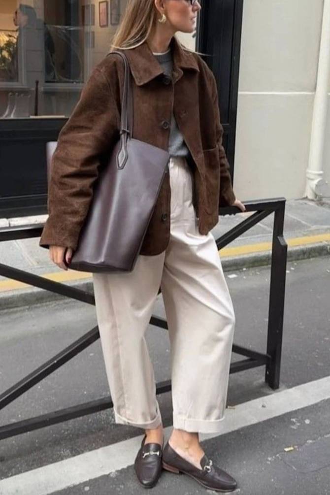 Sophisticated Brown Suede Jacket with Gray Tee and Cream Trousers — Classy Suede Jacket Outfits