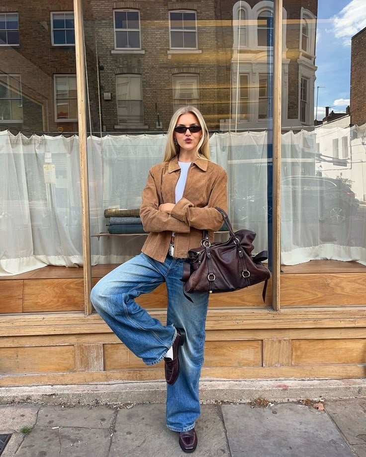 Relaxed Brown Suede Jacket with Light Blue Tee and Jeans — Classy Suede Jacket Outfits