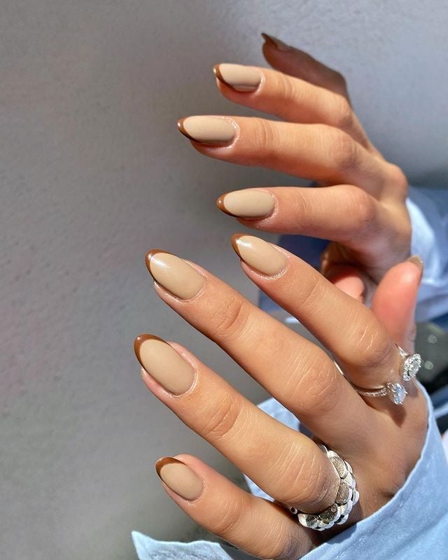 Tan French Tip Medium Oval Nails Tan French Tip Medium Oval Nails — Classy Tan Nails