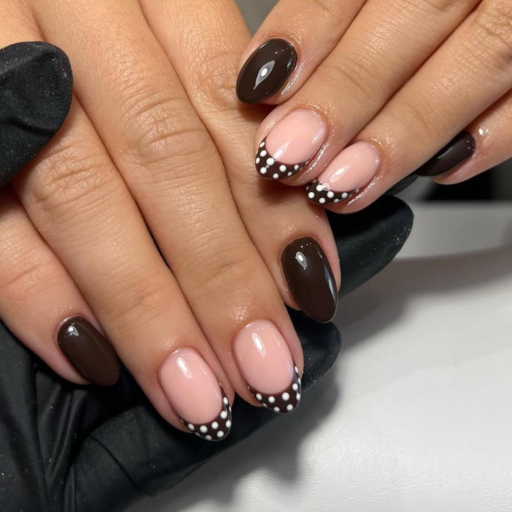 Sheer Pink French Tip Dot Short Oval Nails Sheer Pink French Tip Dot Short Oval Nails — Classy Tan Nails