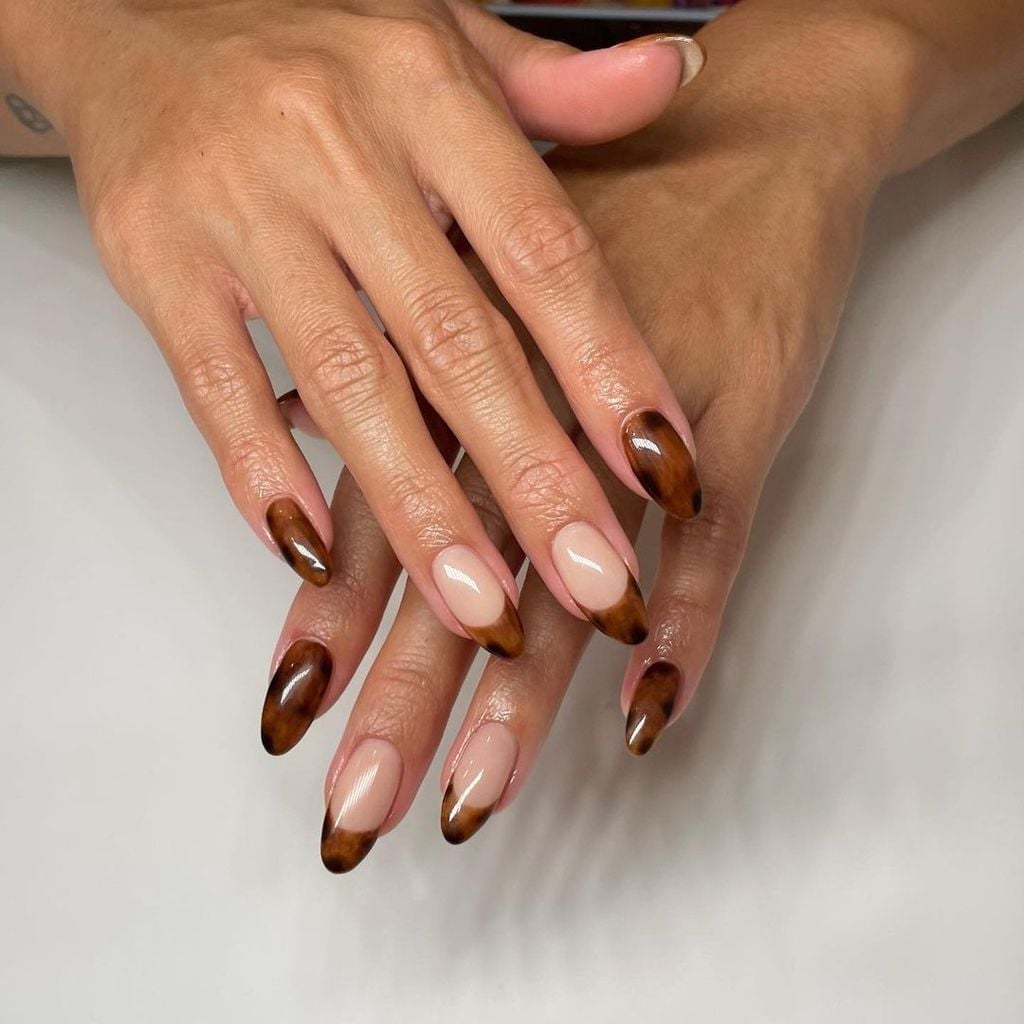 Sheer Nude Tortoiseshell French Medium Almond Nails Sheer Nude Tortoiseshell French Medium Almond Nails — Classy Tan Nails