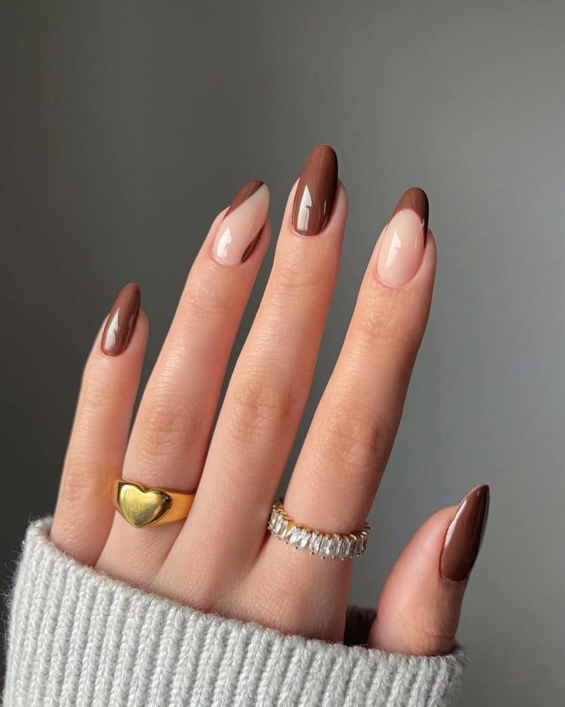 Nude Brown Color Block Medium Almond Nails Nude Brown Color Block Medium Almond Nails — Classy Tan Nails