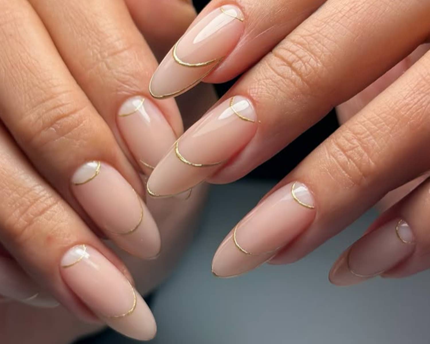 Sheer Nude Glossy Gold Accent Long Oval Nails Sheer Nude Glossy Gold Accent Long Oval Nails — Classy Tan Nails