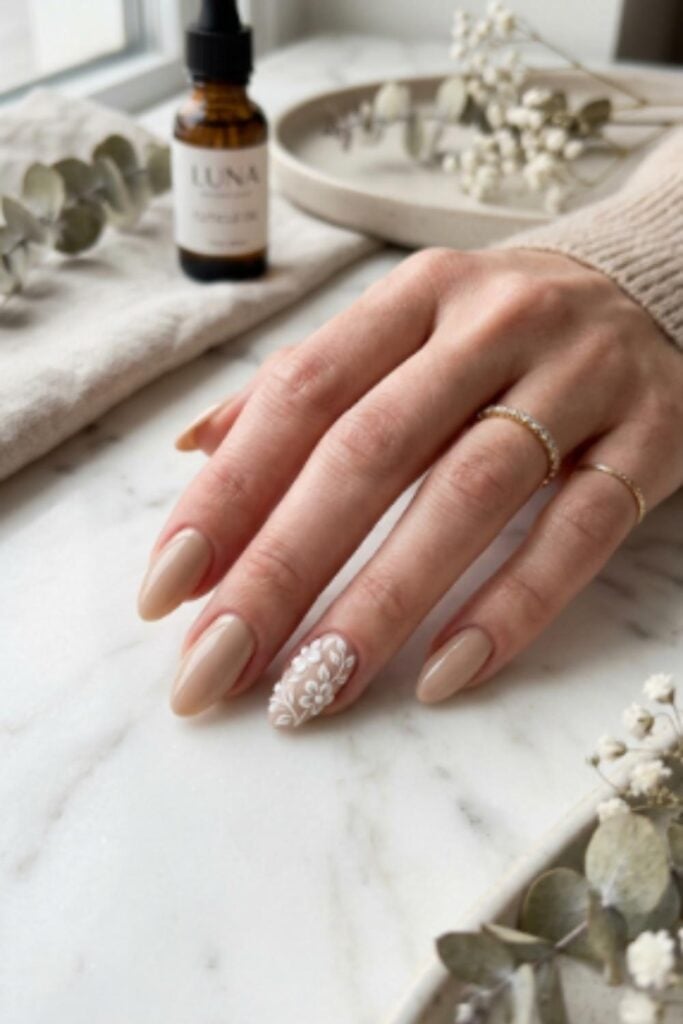 Tan 3D Floral Art Short Almond Nails Tan 3D Floral Art Short Almond Nails — Classy Tan Nails