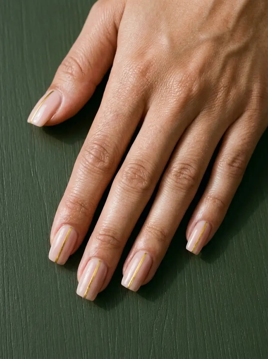 Sheer Nude Gold Line Short Square Nails, Close-Up Take Sheer Nude Gold Line Short Square Nails, Close-Up Take — Classy Tan Nails