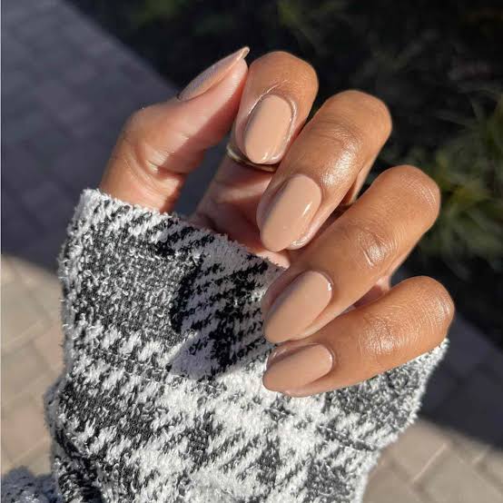Milky Tan Glossy Medium Almond Nails Milky Tan Glossy Medium Almond Nails — Classy Tan Nails
