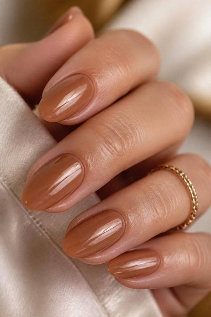 Rich Warm Brown Glossy Medium Oval Nails Rich Warm Brown Glossy Medium Oval Nails — Classy Tan Nails