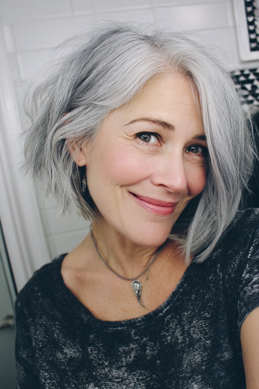 Chin Length Gray Wavy Bob Chin Length Gray Wavy Bob — Classy Textured Hair