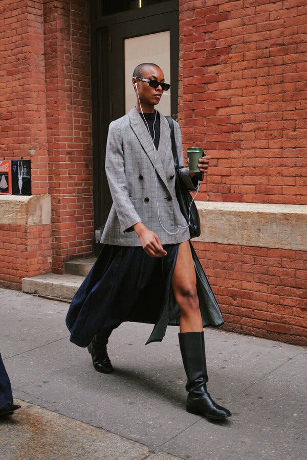 Plaid Blazer Over T-Shirt With Denim Maxi Skirt — Classy Theater Outfits