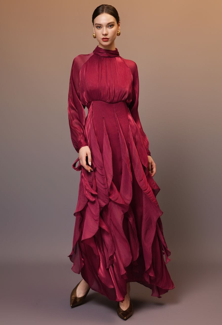 Deep Red Maxi Dress With Mock Neck and Ruffles — Classy Theater Outfits