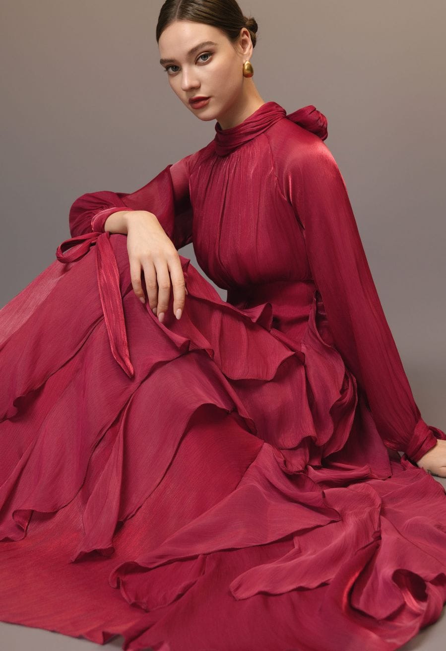 Deep Red Ruffled Maxi Dress Detail — Classy Theater Outfits
