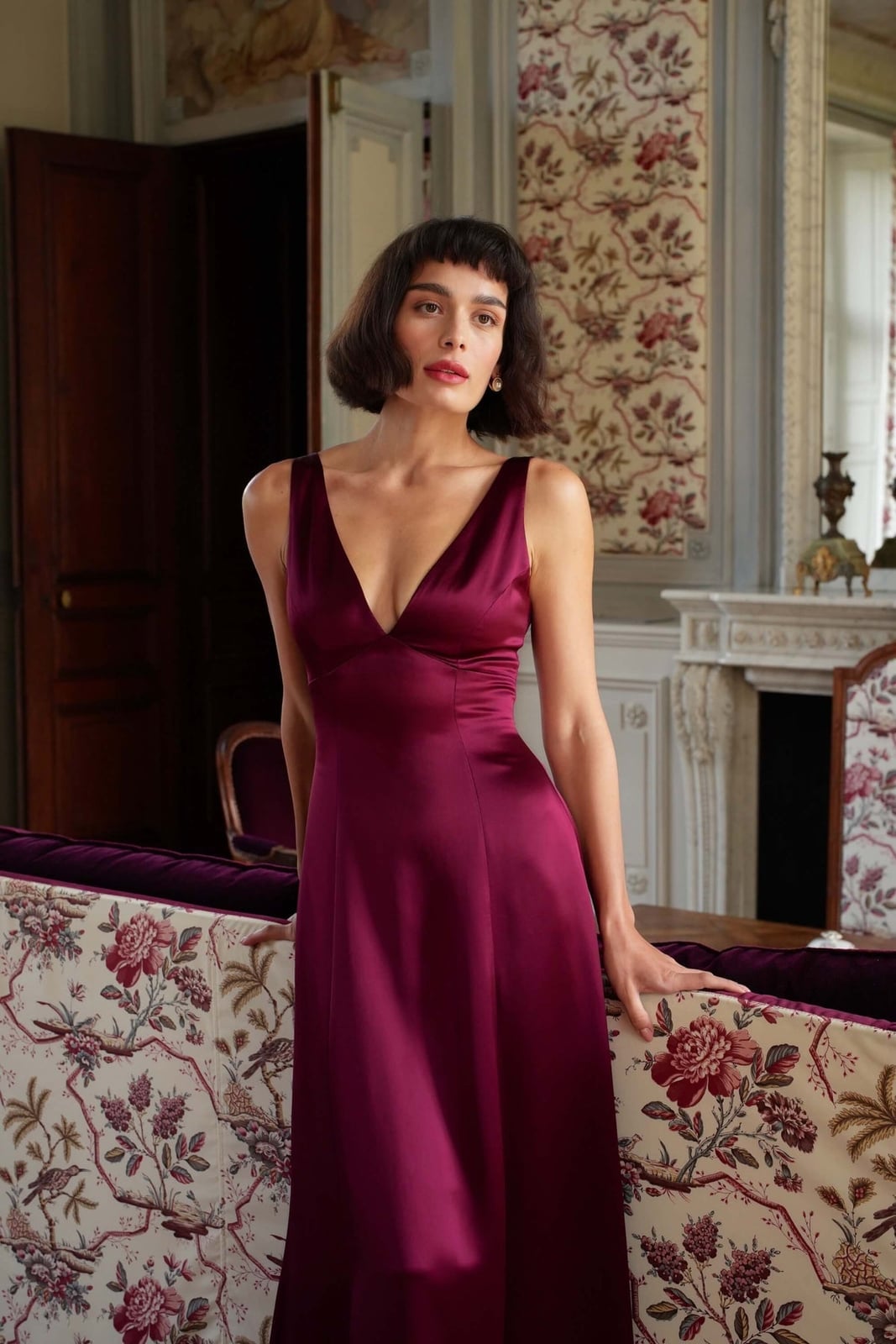 Deep Berry Satin Dress With V-Neckline — Classy Theater Outfits