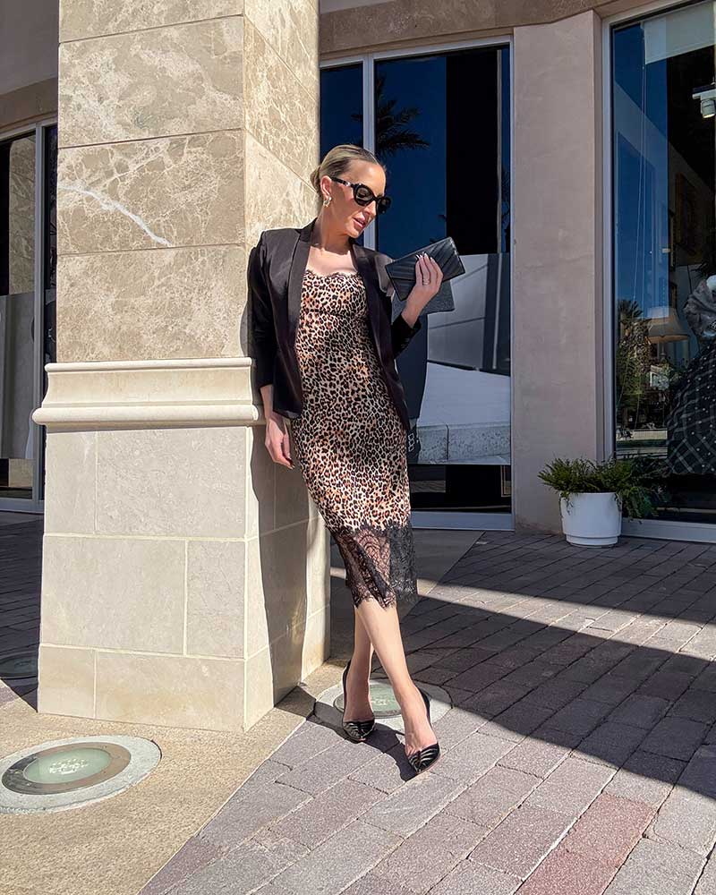 Leopard Print Slip Dress With Black Blazer — Classy Theater Outfits