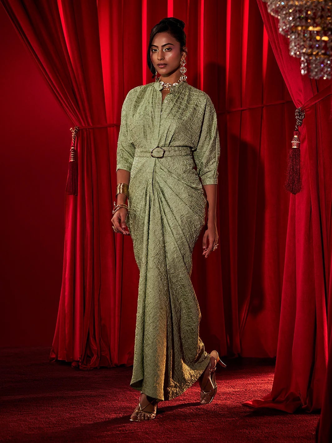 Sage Green Draped Dress With Tie Belt — Classy Theater Outfits