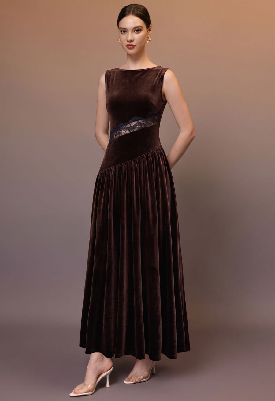 Dark Brown Velvet Maxi Dress With Lace Inset — Classy Theater Outfits