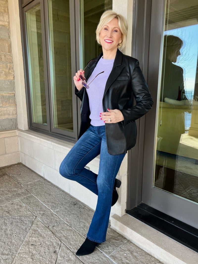 Faux Leather Blazer Over Lavender Sweater and Flared Jeans — Classy Theater Outfits