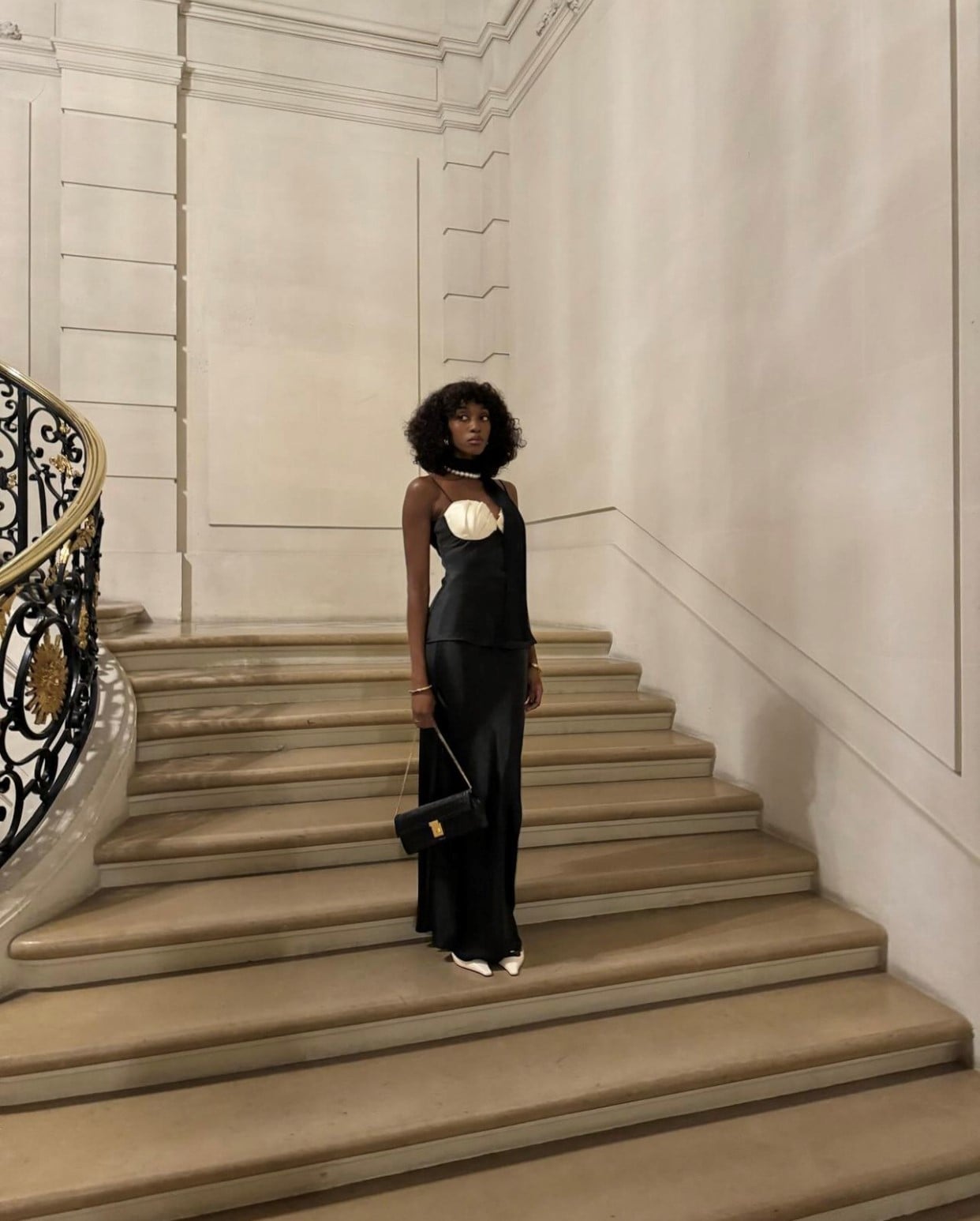 Asymmetric Top With Satin Maxi Skirt and Pearl Choker — Classy Theater Outfits