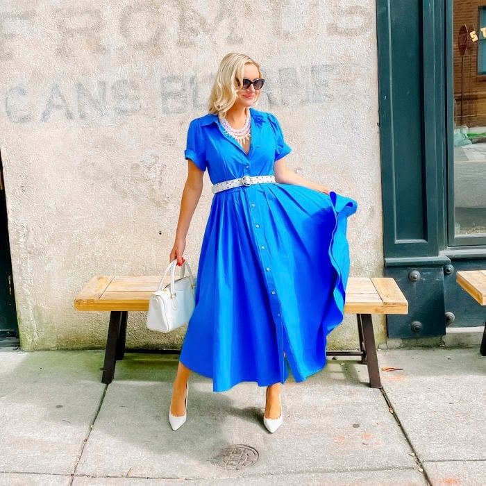 Vibrant Blue Shirt Dress With White Belt — Classy Theater Outfits