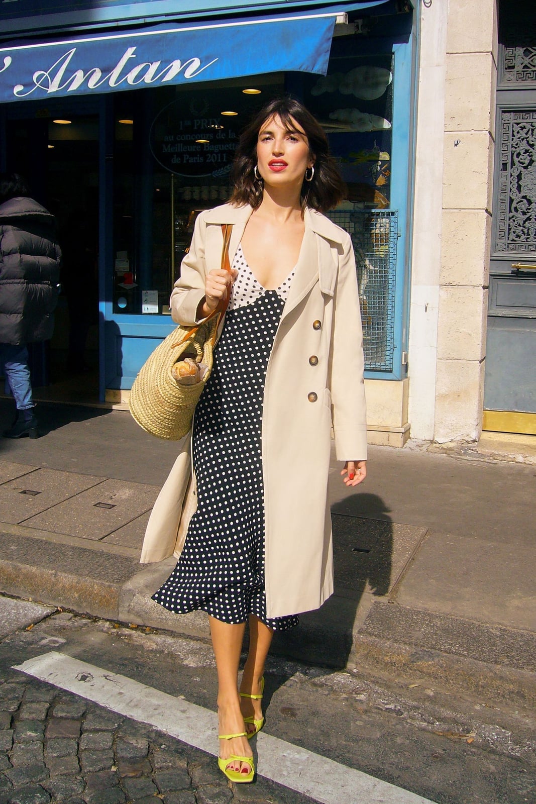 Trench Coat Over Polka Dot Dress With Yellow Heels — Classy Theater Outfits