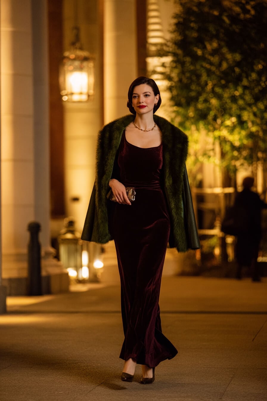 Deep Red Velvet Gown With Faux Fur Stole — Classy Theater Outfits