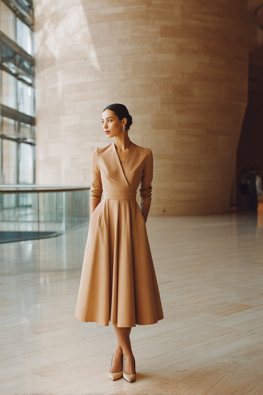Beige Wrap Dress With Fit-and-Flare Silhouette — Classy Theater Outfits
