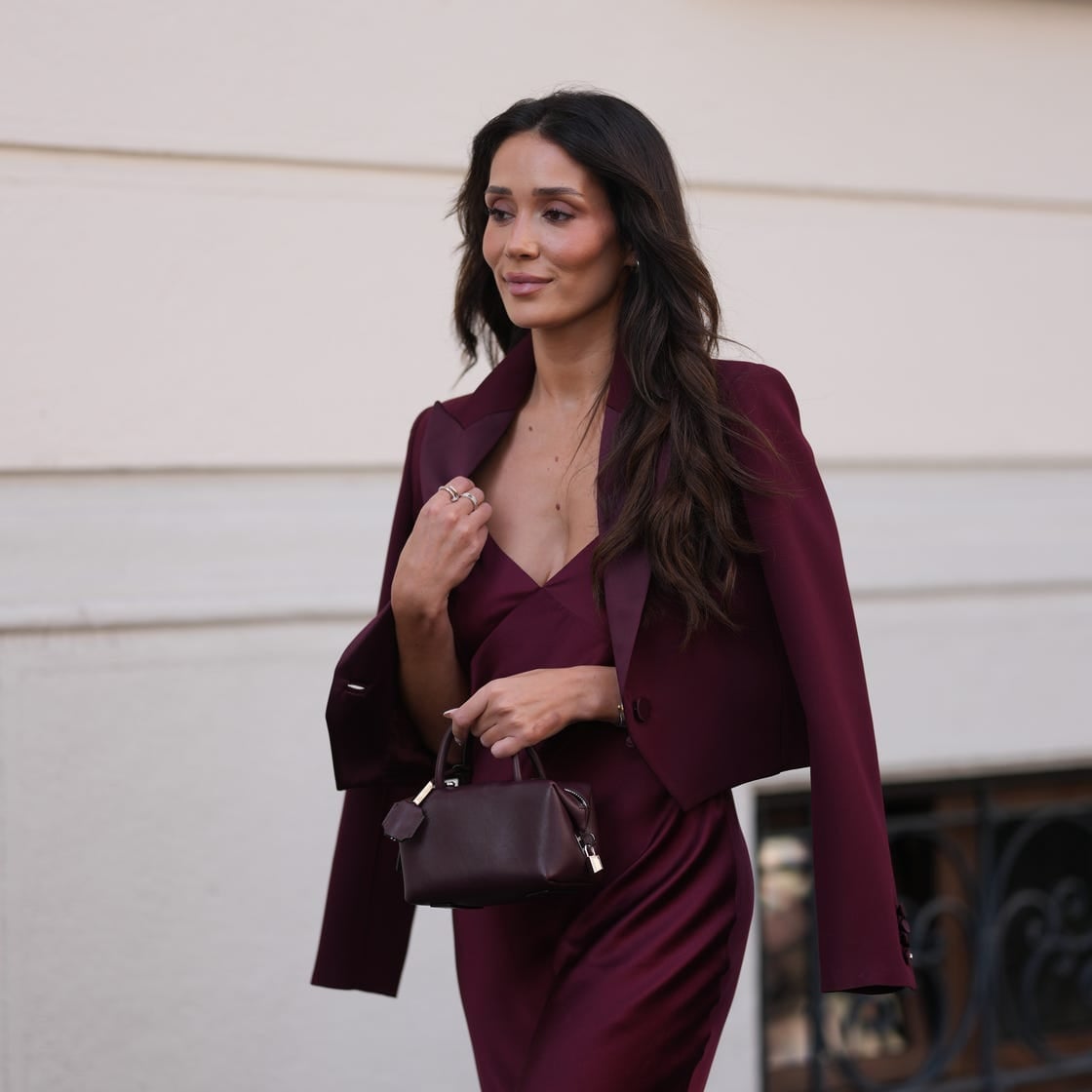 Burgundy Satin Slip Dress With Cropped Blazer — Classy Theater Outfits