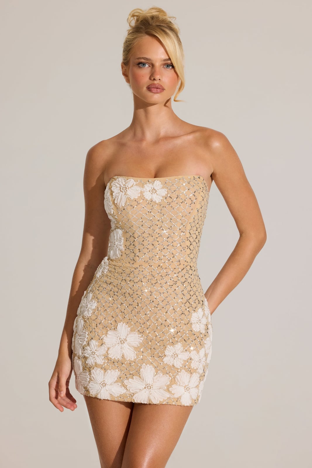 Beige Strapless Mini Dress with 3D Floral Sequins — Classy Tight Dresses