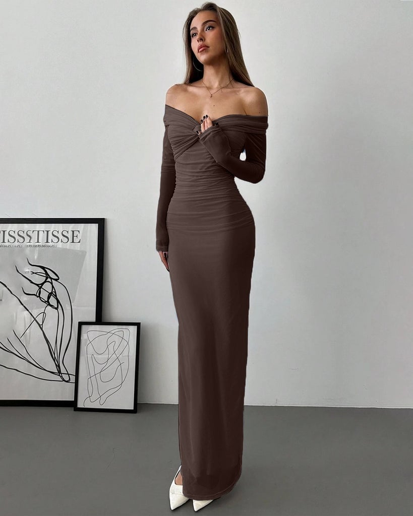 Dark Brown Off Shoulder Long Sleeve Maxi Dress — Classy Tight Dresses