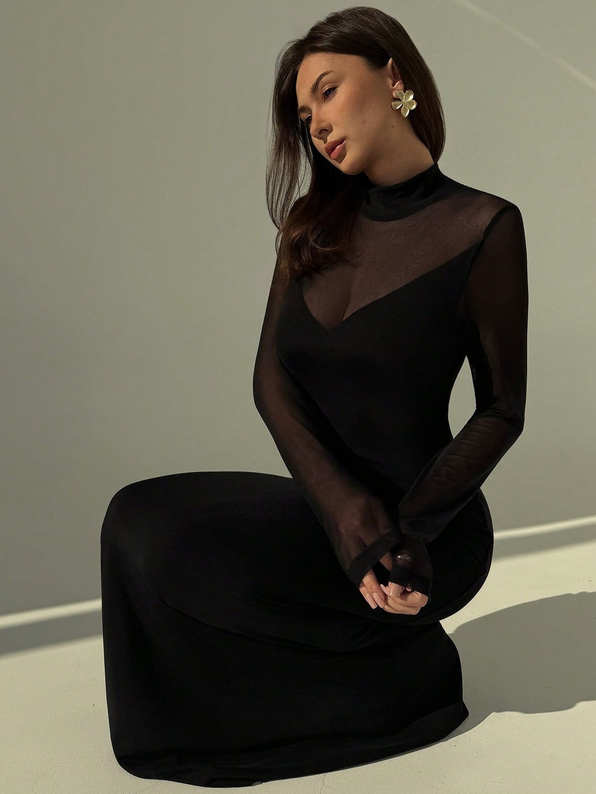 Black Bodycon Dress with Sheer Mesh High Neck — Classy Tight Dresses