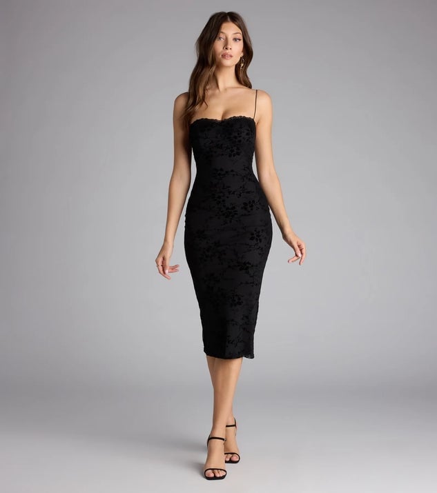Black Floral Burnout Velvet Fitted Midi Dress — Classy Tight Dresses