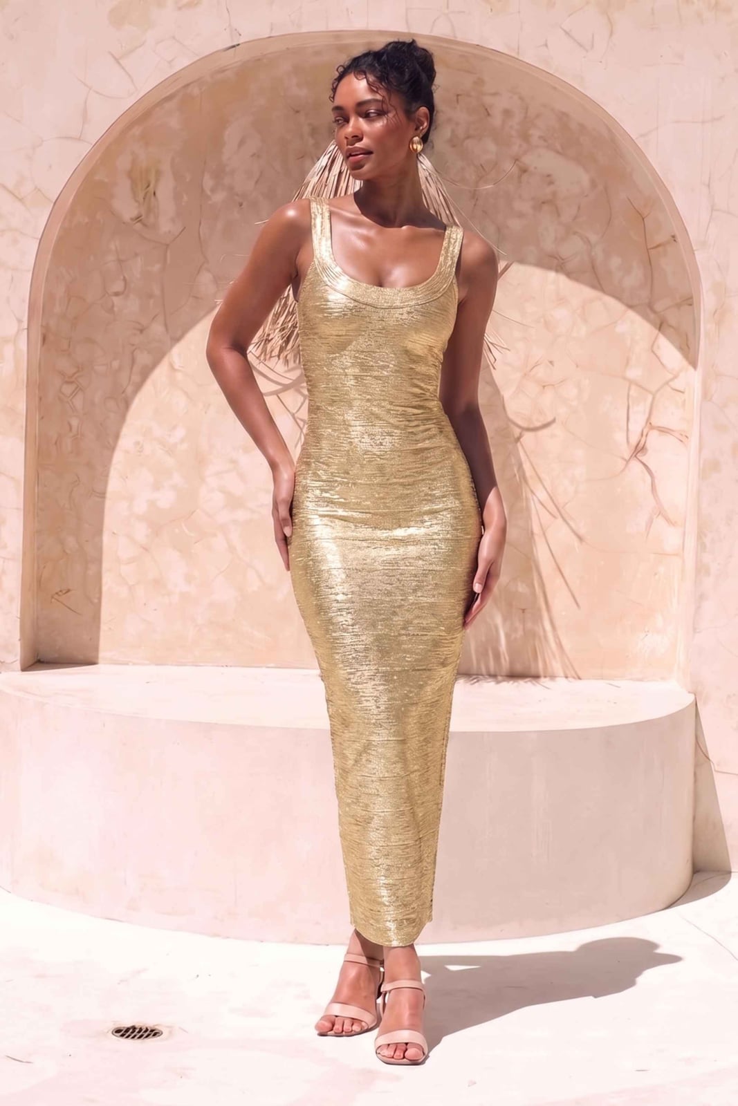 Gold Metallic Knit Sleeveless Maxi Dress — Classy Tight Dresses