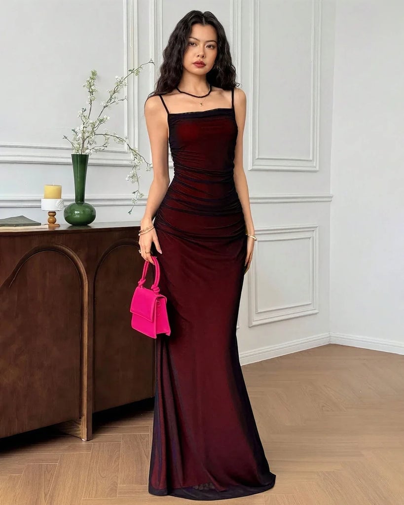 Burgundy and Black Ruched Maxi Dress with Sheer Overlay — Classy Tight Dresses