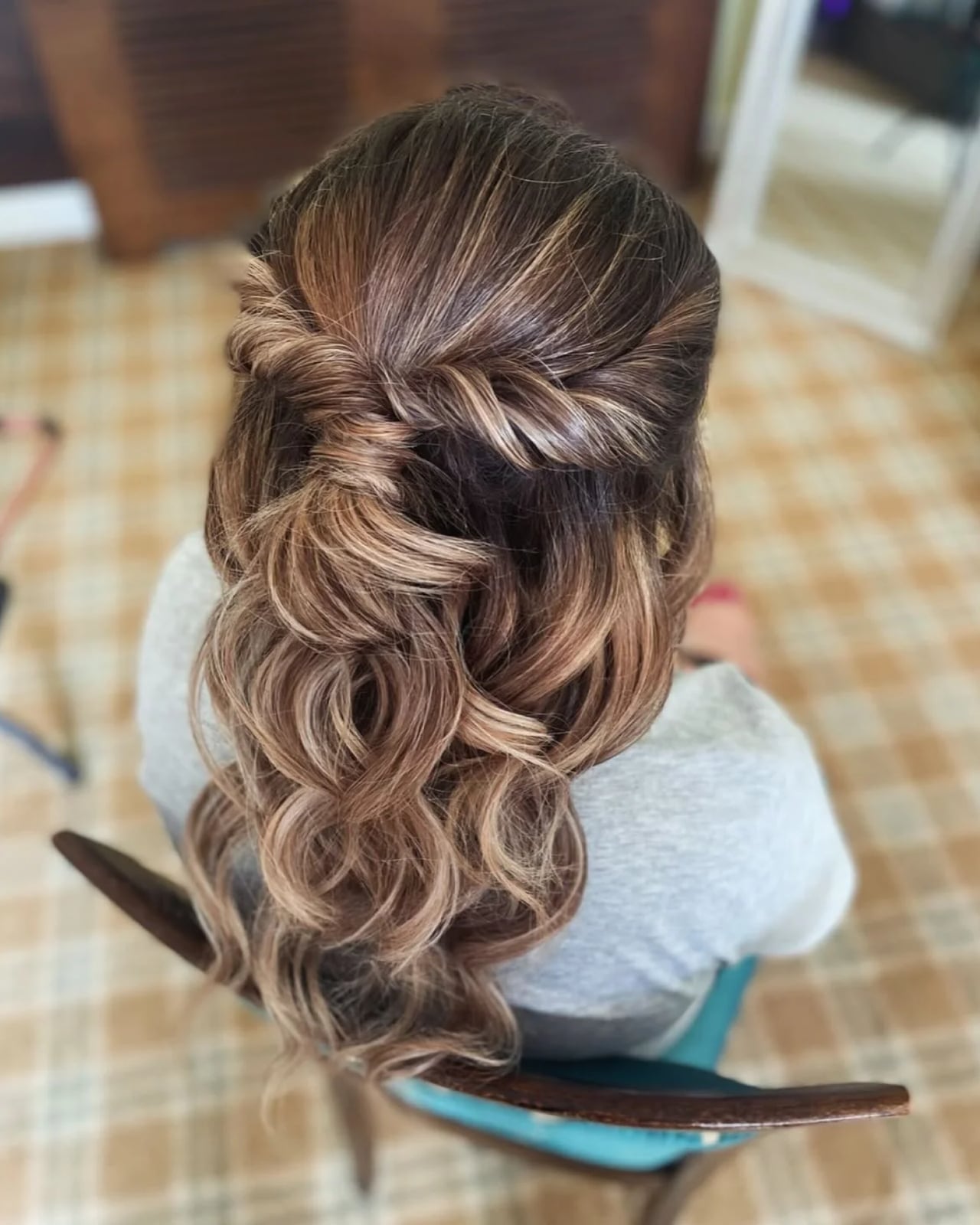 Mid-Back Half Updo With Twists and Brown With Blonde Highlights Mid-Back Half Updo With Twists and Brown With Blonde Highlights — Classy Trending Hairstyle